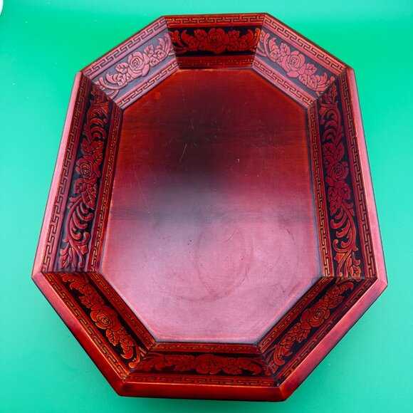 Other - VINTAGE CHINESE RED LACQUER WOODEN TRAY WITH ROSE DESIGN